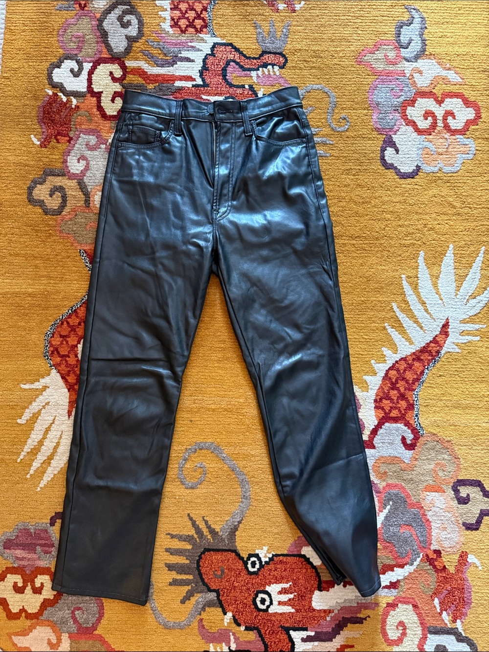 MOTHER women’s Black faux Leather Slim Straight Jeans